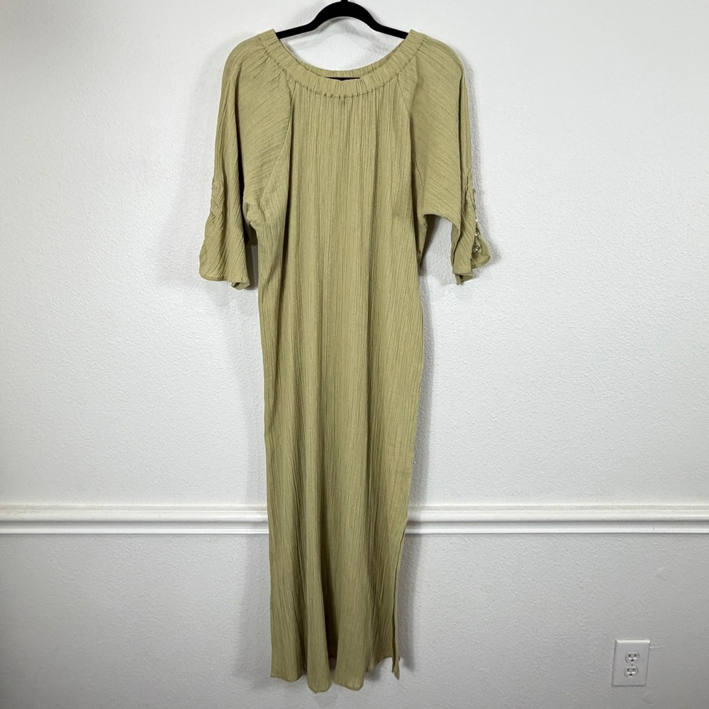 Maurie and Eve Maxi Dress Women 6 Sage Green Textured Cotton Button Sleeve Slit